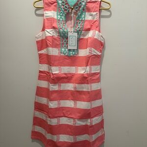 Sail to Sable Pink and White Dress with Turquoise Lace